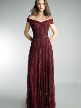 D9064L Off Shoulder Evening Dress - Burgundy